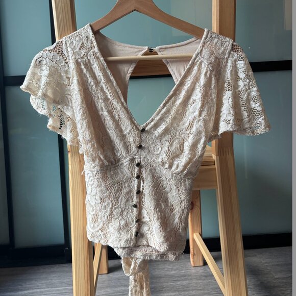 By Anthropologie V-Neck Flutter Hem Tie Top - Women's XS - Picture 4 of 8